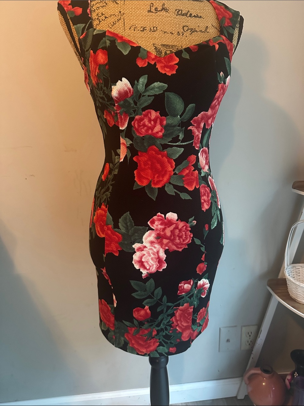 Guess Black Mini Dress with Red & Pink Rose Print
